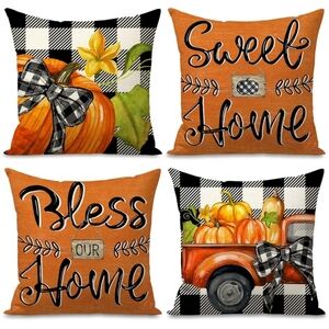 Set of 4 Fall Themed Farm House Throw Pillow Covers with Zipper 18"x18"